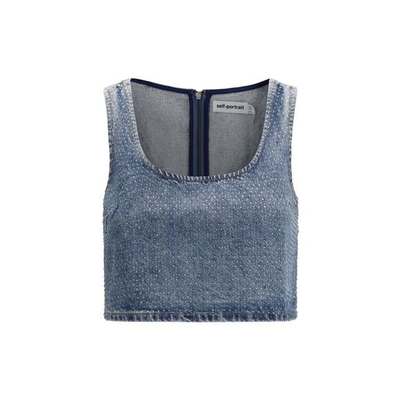 Self-Portrait Women Rhinestone Denim Crop Top